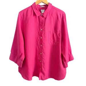 CHICO'S Pink 100% Linen Relaxed Button Down 3/4 Sleeve Blouse FreshChic 4 / XXL